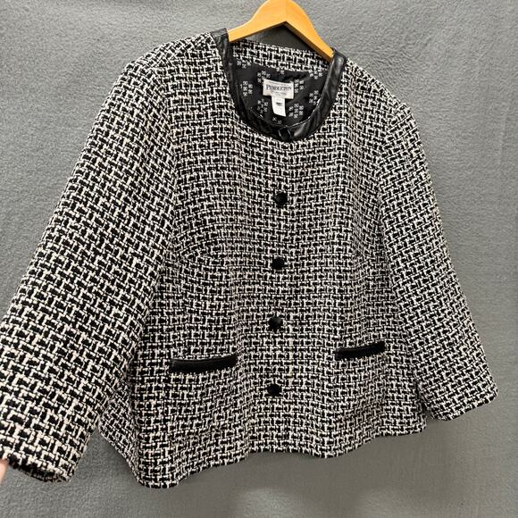 Pendleton Blazer Womens 22W Silk Tweed Leather Trim Black White Lined Jacket - Picture 9 of 10